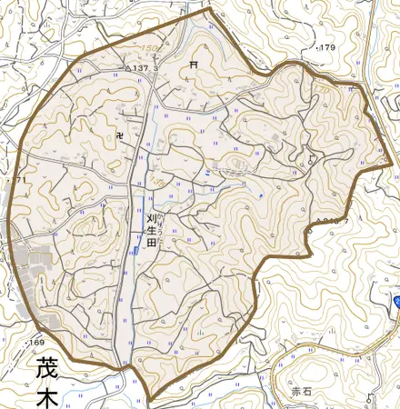 大字刈生田とその周辺の地図。町の範囲を重ねている