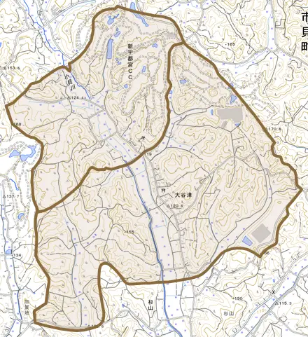 大字大谷津とその周辺の地図。町の範囲を重ねている