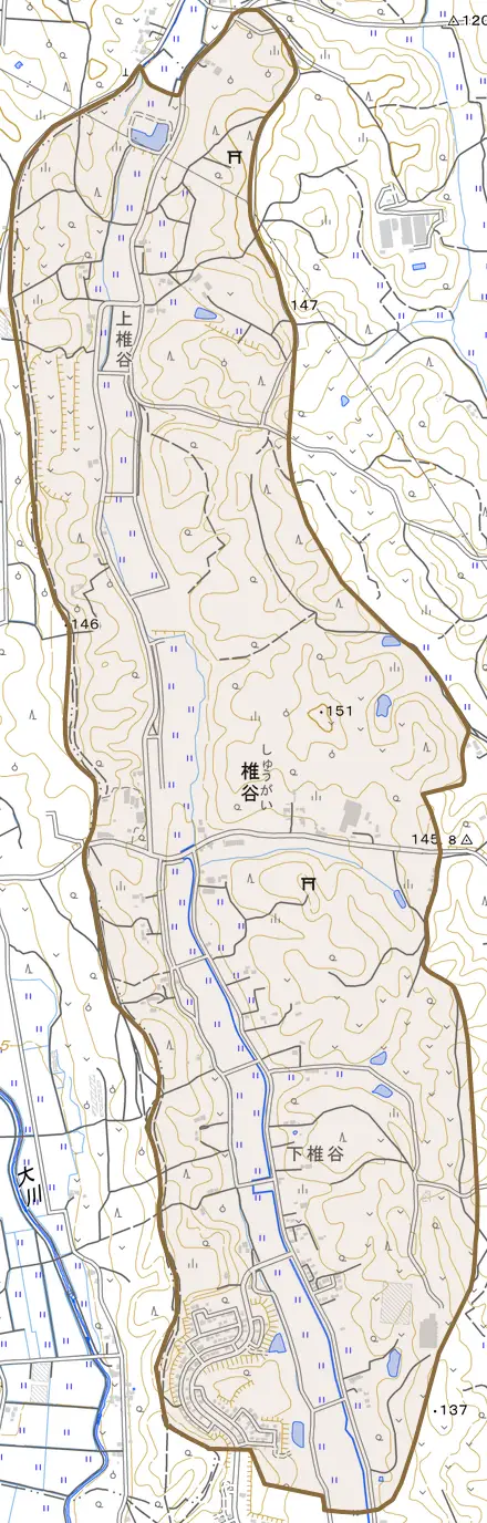 大字椎谷とその周辺の地図。町の範囲を重ねている
