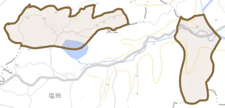 大字竹内とその周辺の地図。町の範囲を重ねている