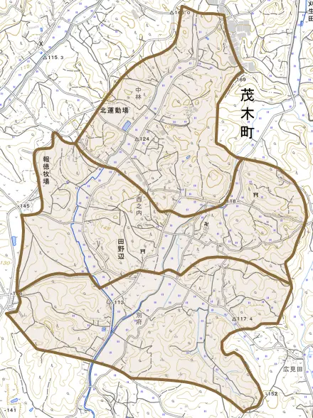 大字田野辺とその周辺の地図。町の範囲を重ねている