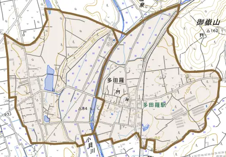 大字多田羅とその周辺の地図。町の範囲を重ねている