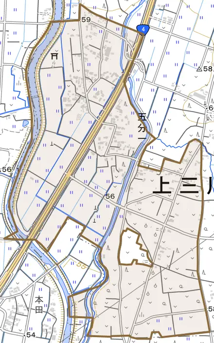 大字五分一とその周辺の地図。町の範囲を重ねている