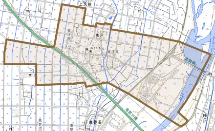 大字東汗とその周辺の地図。町の範囲を重ねている