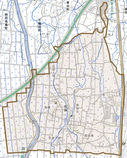 大字石田とその周辺の地図。町の範囲を重ねている