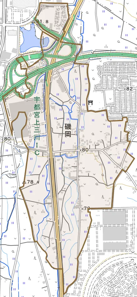 大字磯岡とその周辺の地図。町の範囲を重ねている