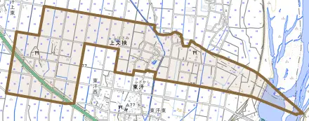 大字上文挾とその周辺の地図。町の範囲を重ねている