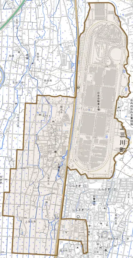 大字上蒲生とその周辺の地図。町の範囲を重ねている