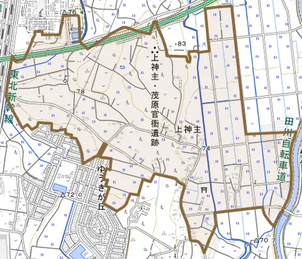 大字上神主とその周辺の地図。町の範囲を重ねている