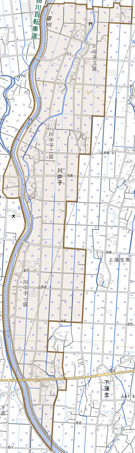 大字川中子とその周辺の地図。町の範囲を重ねている