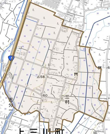 大字三村とその周辺の地図。町の範囲を重ねている