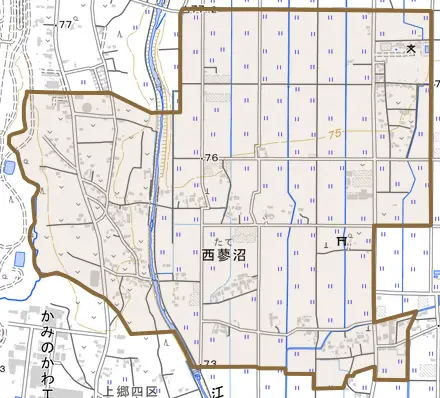 大字西蓼沼とその周辺の地図。町の範囲を重ねている