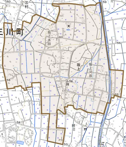 大字坂上とその周辺の地図。町の範囲を重ねている