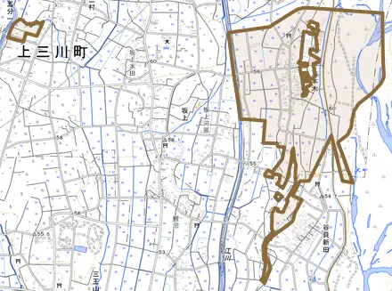 大字三本木とその周辺の地図。町の範囲を重ねている