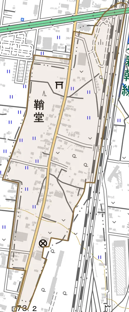 大字鞘堂とその周辺の地図。町の範囲を重ねている