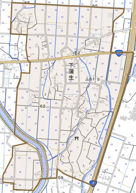 大字下蒲生とその周辺の地図。町の範囲を重ねている