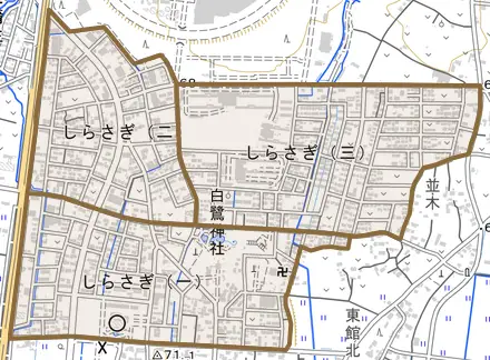 しらさぎとその周辺の地図。町の範囲を重ねている