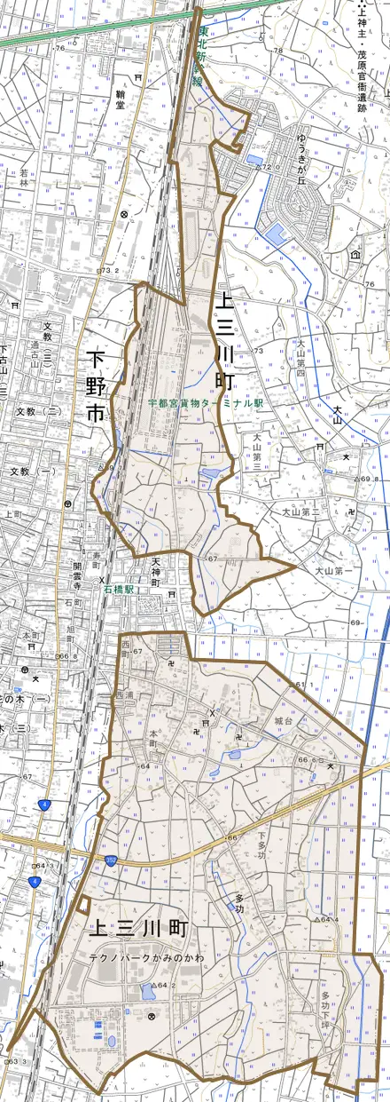 大字多功とその周辺の地図。町の範囲を重ねている