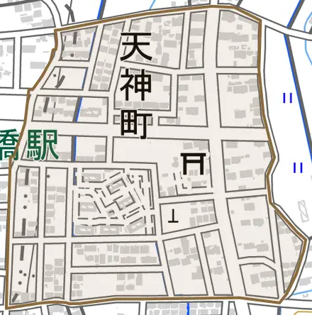 天神町とその周辺の地図。町の範囲を重ねている