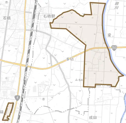 大字梁とその周辺の地図。町の範囲を重ねている