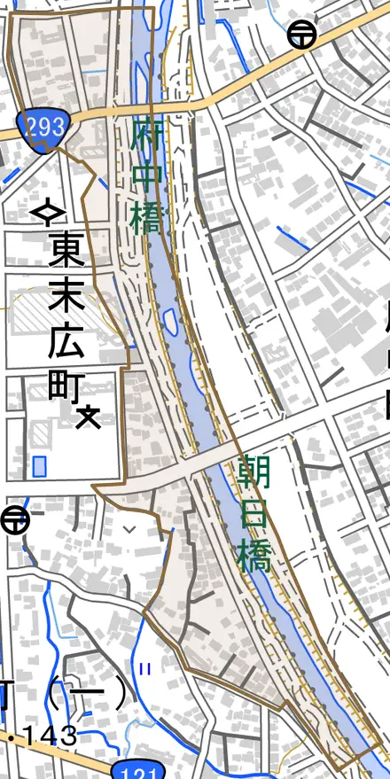 朝日町とその周辺の地図。町の範囲を重ねている