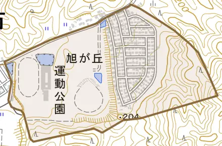 旭が丘とその周辺の地図。町の範囲を重ねている