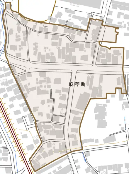 麻苧町とその周辺の地図。町の範囲を重ねている