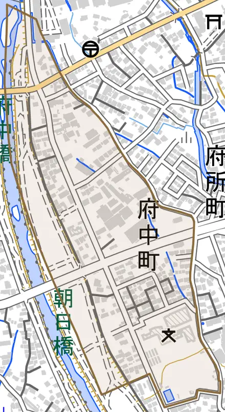 府中町とその周辺の地図。町の範囲を重ねている