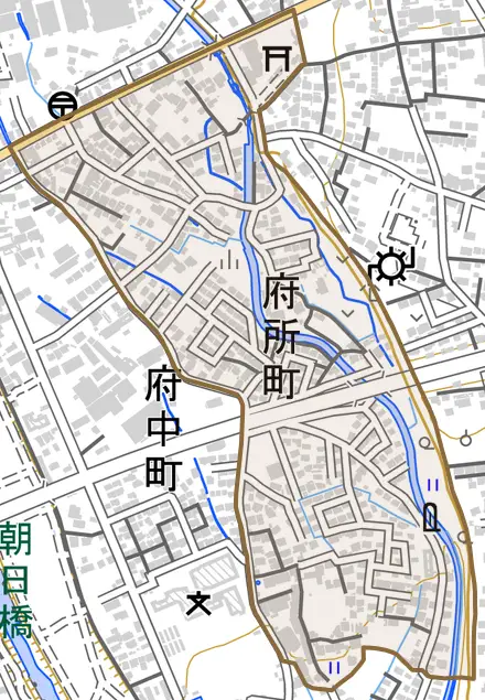 府所町とその周辺の地図。町の範囲を重ねている