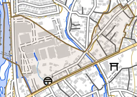 府所本町とその周辺の地図。町の範囲を重ねている