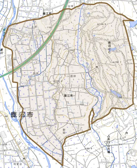 藤江町とその周辺の地図。町の範囲を重ねている