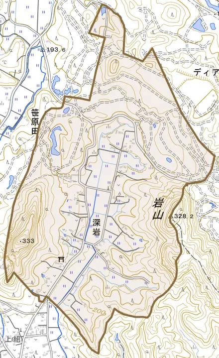 深岩とその周辺の地図。町の範囲を重ねている