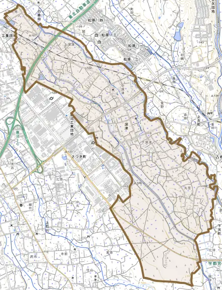 深津とその周辺の地図。町の範囲を重ねている