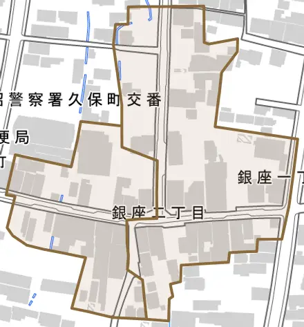 銀座とその周辺の地図。町の範囲を重ねている