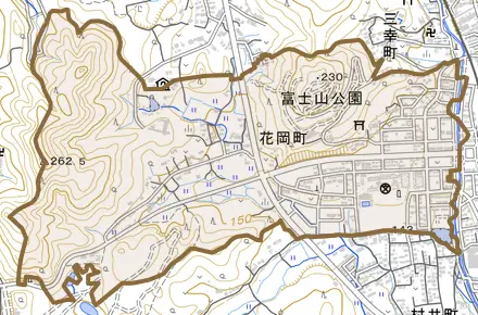 花岡町とその周辺の地図。町の範囲を重ねている