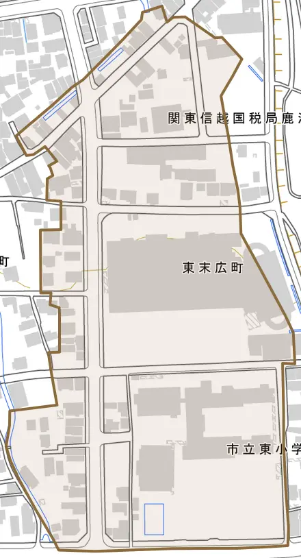 東末広町とその周辺の地図。町の範囲を重ねている