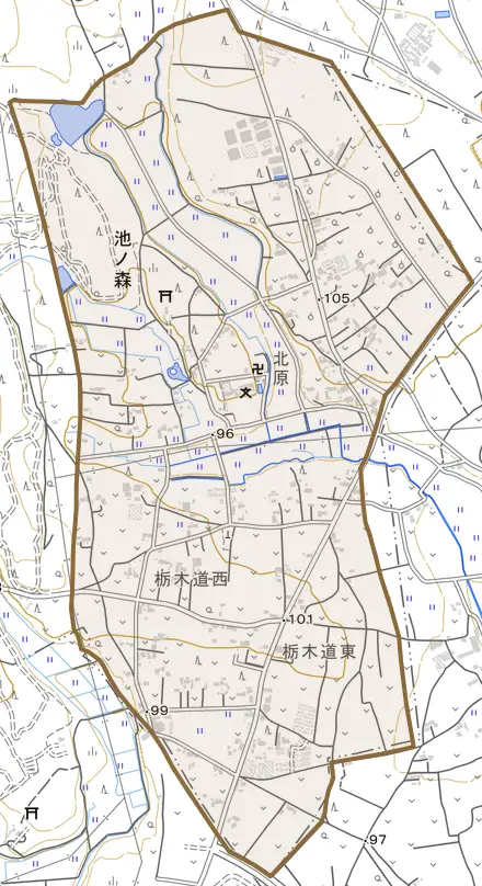 池ノ森とその周辺の地図。町の範囲を重ねている