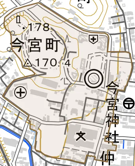 今宮町とその周辺の地図。町の範囲を重ねている