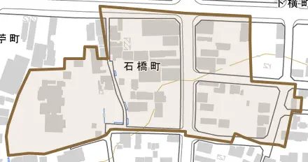 石橋町とその周辺の地図。町の範囲を重ねている