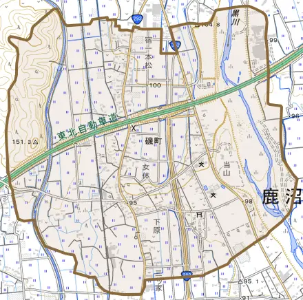 磯町とその周辺の地図。町の範囲を重ねている