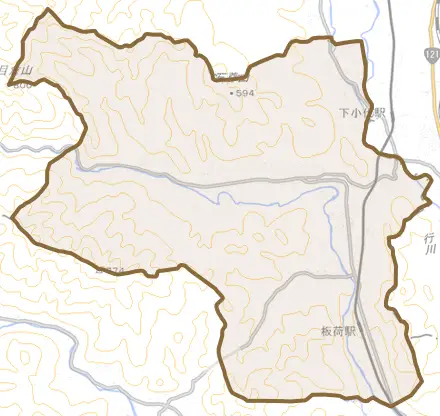 板荷とその周辺の地図。町の範囲を重ねている