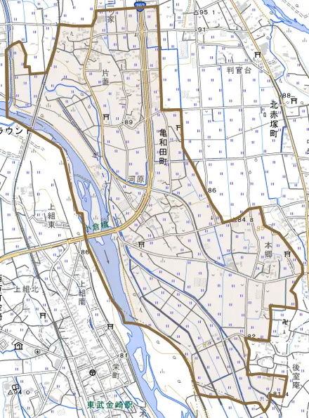 亀和田町とその周辺の地図。町の範囲を重ねている