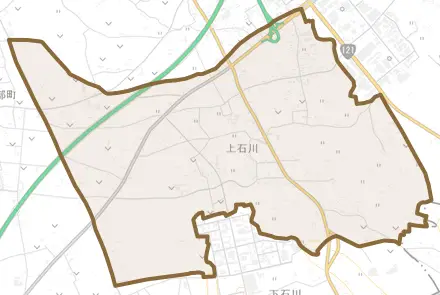 上石川とその周辺の地図。町の範囲を重ねている