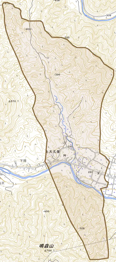 上大久保とその周辺の地図。町の範囲を重ねている