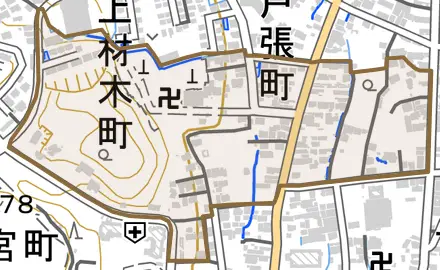 上材木町とその周辺の地図。町の範囲を重ねている