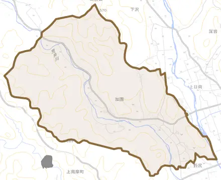 加園とその周辺の地図。町の範囲を重ねている