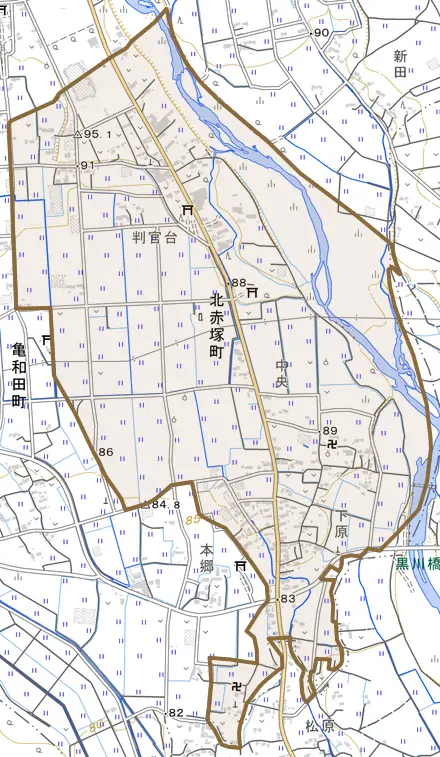 北赤塚町とその周辺の地図。町の範囲を重ねている