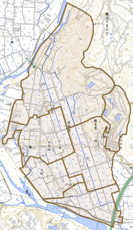 北半田とその周辺の地図。町の範囲を重ねている