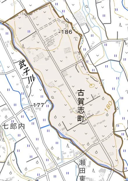 古賀志町とその周辺の地図。町の範囲を重ねている
