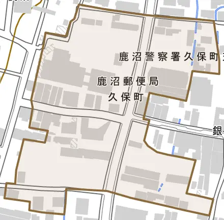 久保町とその周辺の地図。町の範囲を重ねている